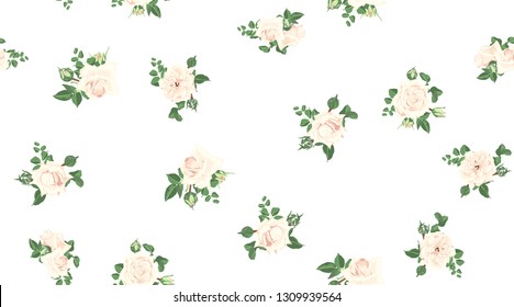 Wedding Card Design, Floral Pattern, Vector Rose in Pastel Colors. Vintage Flowers in Watercolor Style. Seamless Roses Background for Card, Invitation, Fabric. Spring or Summer Bouquet, Post Card.