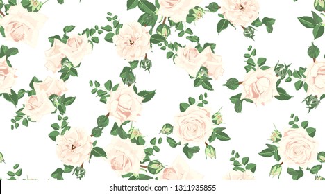 Wedding Card Design, Floral Pattern, Vector Rose in Pastel Colors. Vintage Flowers in Watercolor Style. Seamless Roses Background for Card, Invitation, Fabric. Spring or Summer Bouquet, Post Card.