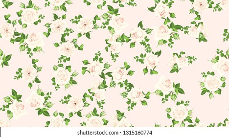 Wedding Card Design, Floral Pattern, Vector Rose in Pastel Colors. Vintage Flowers in Watercolor Style. Seamless Roses Background for Card, Invitation, Fabric. Spring or Summer Bouquet, Post Card.