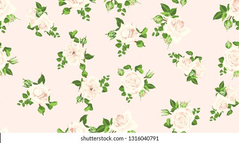 Wedding Card Design, Floral Pattern, Vector Rose in Pastel Colors. Vintage Flowers in Watercolor Style. Seamless Roses Background for Card, Invitation, Fabric. Spring or Summer Bouquet, Post Card.