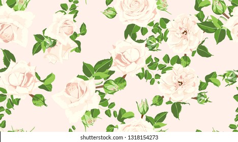 Wedding Card Design, Floral Pattern, Vector Rose in Pastel Colors. Vintage Flowers in Watercolor Style. Seamless Roses Background for Card, Invitation, Fabric. Spring or Summer Bouquet, Post Card.
