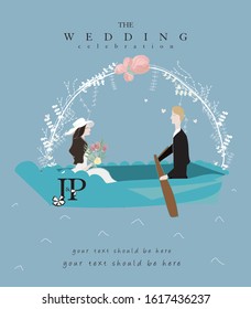 Wedding card design, flower and bride, groom vector. Celebration card.