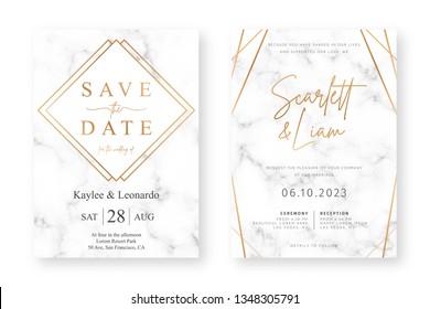 Diseño de cartas de matrimonio con marcos dorados y textura de mármol. Plantilla de diseño de anuncio de boda o invitación con patrones geométricos y fondo de lujo