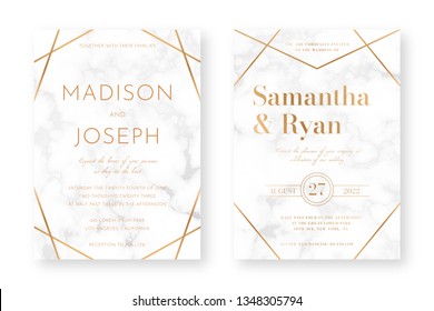 Wedding card design with golden frames and marble texture. Wedding announcement or invitation design template with geometric patterns and luxury background