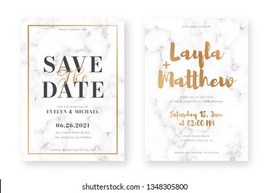 Wedding card design with golden frames and marble texture. Wedding announcement or invitation design template with geometric patterns and luxury background