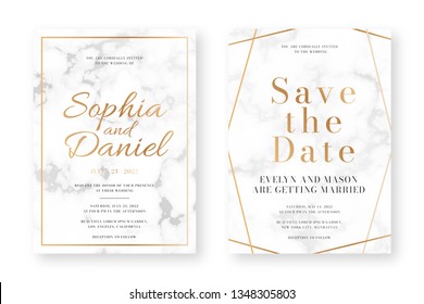 Wedding card design with golden frames and marble texture. Wedding announcement or invitation design template with geometric patterns and luxury background