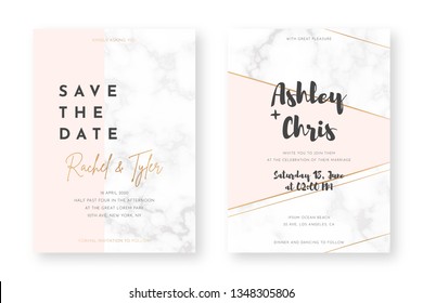 Wedding card design with golden frames and marble texture. Wedding announcement or invitation design template with geometric patterns and pink background
