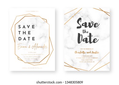 Wedding card design with golden frames and marble texture. Wedding announcement or invitation design template with geometric patterns and luxury background