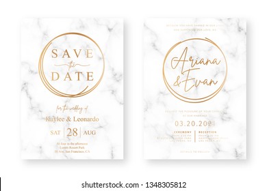 Wedding card design with golden frames and marble texture. Wedding announcement or invitation design template with geometric patterns and luxury background