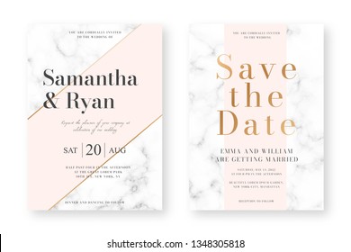 Wedding card design with golden frames and marble texture. Wedding announcement or invitation design template with geometric patterns and pink background