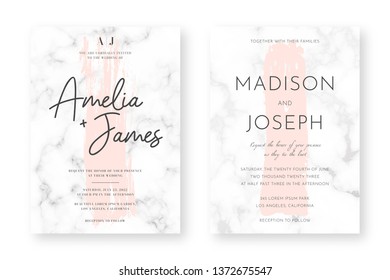 Wedding card design with golden frames and marble texture. Wedding announcement or invitation design template with geometric patterns and luxury background