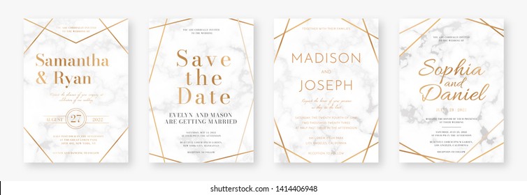 Wedding card design with golden frames and marble texture. Set of wedding announcement or invitation design template with geometric patterns and luxury background. Vector