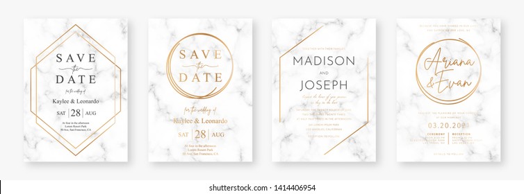 Wedding card design with golden frames and marble texture. Set of wedding announcement or invitation design template with geometric patterns and luxury background. Vector