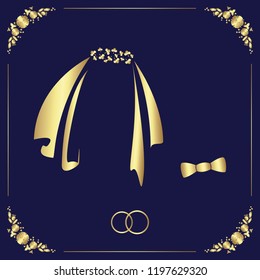Wedding card design with golden veil and bow tie symbols and two rings. Vector illustration.