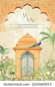 Wedding card Design, Holud Invitation card, Traditional Mughal Plant forest for Invitation card. Haldi Night Wedding Invitation. Traditional Indian Mughal Wedding Holud Night Invitation Card.