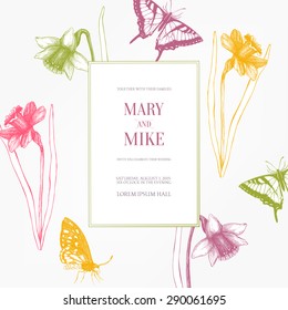 Wedding card design with ink hand drawn  narcissus flowers and butterflies. Spring vintage background with lent lilies and butterflies. Wedding invitation design