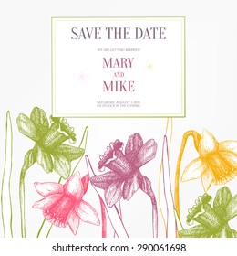 Wedding card design with ink hand drawn  narcissus flowers and butterflies. Spring vintage background with lent lilies and butterflies. 