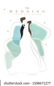 Wedding card design, leaf, bride and groom watercolor, cartoon, vector. wedding ceremony card.  