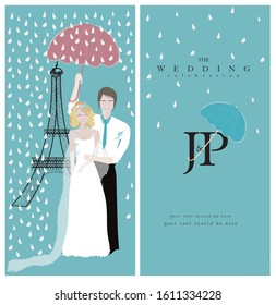 Wedding card design, leaf, groom, bride, vector and cartoon design. France, Eiffel Tower, rain, concept. Pattern, background, texture design.