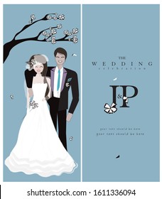 Wedding card design, leaf, groom, bride, vector and cartoon design. Japan, flower,  Pattern, background, texture design.