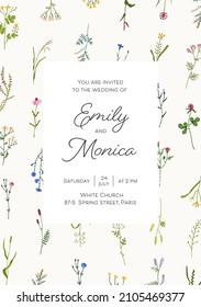 Wedding card design with wild flower frame and background for text. Floral invitation template with botanical pattern, inviting to engagement and marriage ceremony. Colored flat vector illustration