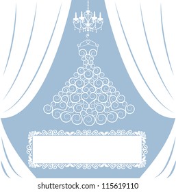 wedding card with dress on hanger, white curtains, antique chandelier and frame