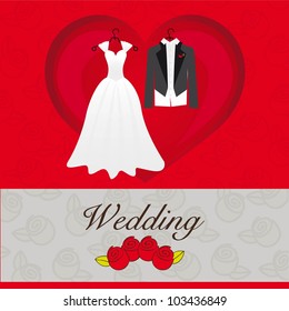 wedding card, wedding dresses on heart, vector illustration