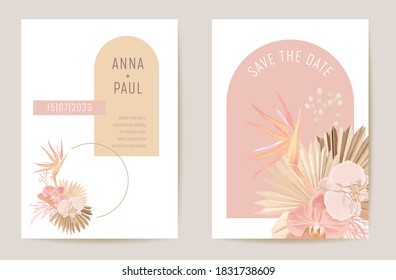 Wedding card dried tropical palm leaves, orchid flowers invitation, dry pampas grass watercolor template vector. Botanical Save the Date foliage cover, modern poster, trendy design, luxury background