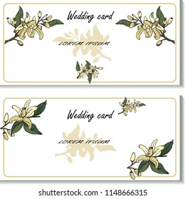 Wedding card with elements sketch  branch orange blossoms. Hand drawn liner