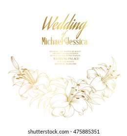 Wedding card and engagement announcement, Invitation template with golden text, blooming lilies over white background. Vector illustration.