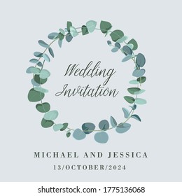 Tarjeta de matrimonio con hojas de eucalipto. Estilo rústico con lugar para tu texto