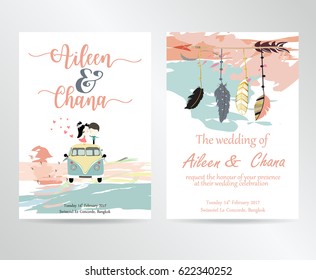 Wedding card with feather,bride and groom in boho style