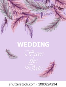 Wedding card with feathers Vector. Invitation party celebrate