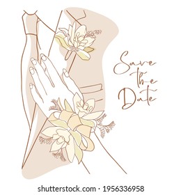 Wedding card, female hand of the bride on the chest of the groom straightens the wedding bouquet, wedding salon logo concept, wedding invitation, happiness. Dawn in one line, sketch style. 