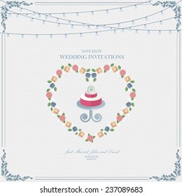 Wedding card flat. Wedding Cake flat. Wedding Card Invitation in Vector