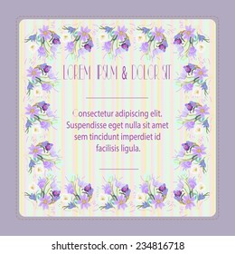 Wedding card with floral frame, text, tulips on a striped  rounded rectangle. Handmade.