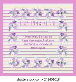 Wedding card with floral frame, text, tulips on a striped gradient background. Hand drawn.