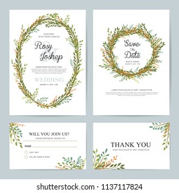 Wedding card, floral invite thank you, rsvp. Set of card with leaf and flower. Wedding ornament concept. Floral poster.Vector decorative greeting card or invitation design background.