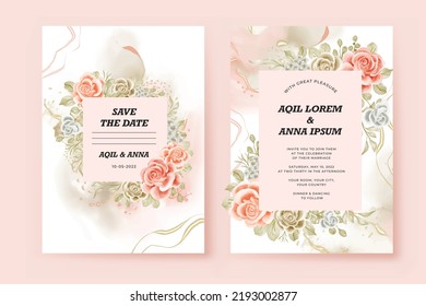 tarjeta de boda con marco floral beige oscuro y rosa rubor