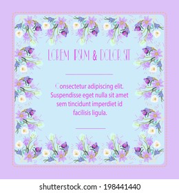 Wedding card with flower frame, text on a blue background.