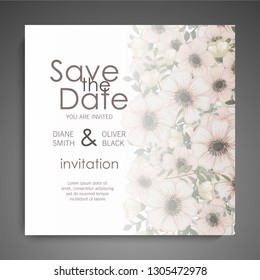 Wedding card with flower rose, leaves. Floral poster, invite. Vector decorative greeting card or invitation design background