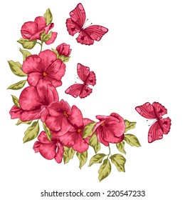 Wedding card. Flowers and butterfly. Vector illustration. Greeting card for Mothers Day.