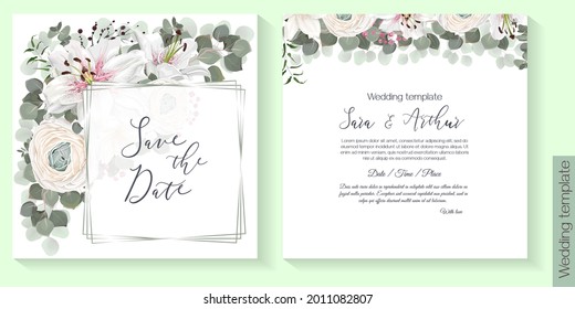 Wedding card with flowers. Floral vector frame design. Roses, ranunculus, lily, eucalyptus and green plants. Elements are isolated and editable.