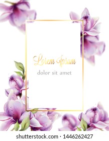 Wedding card with flowers Vector watercolor. Beautiful floral decor frame. Golden text