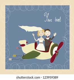 Wedding card of flying just married couple