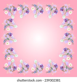 Wedding card with frame of  tulips and crocuses bouquets on a gradient pink background.Handmade.