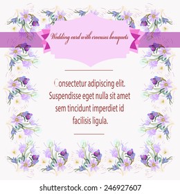 Wedding card with frame of  tulips and crocuses bouquets, pink text, label  on a white   background.Hand drawn.