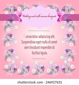 Wedding card with frame of  tulips and crocuses bouquets, pink text, label on a gradient pink background.Hand drawn.