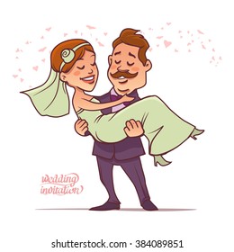 wedding card, funny vector illustration, for design, wedding invitation, cartoon character, happy couple