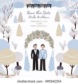 Wedding card with a gay couple in the winter garden and arch. Save the date. Vector background with a place for your text. Template easily editable.